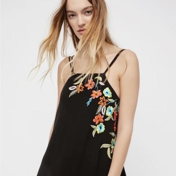 Free People Dresses & Skirts - Free People Black Flower Fields Embroidered Strappy Dress Sz M